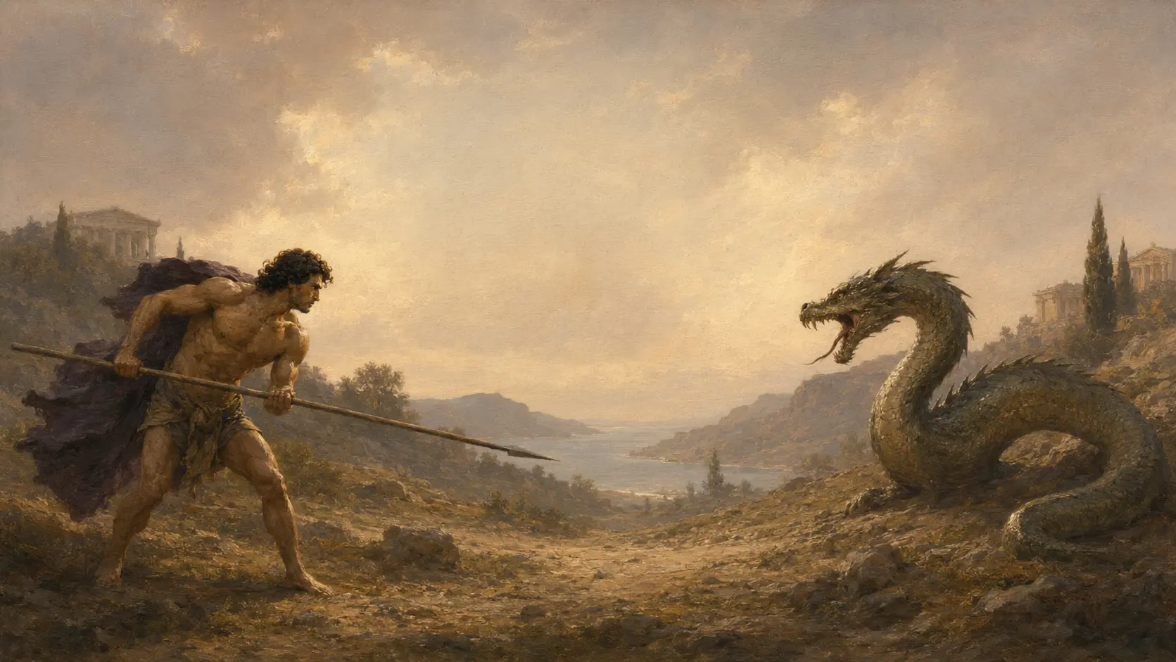 Cadmus confronting a dragon across a sunlit ancient landscape.