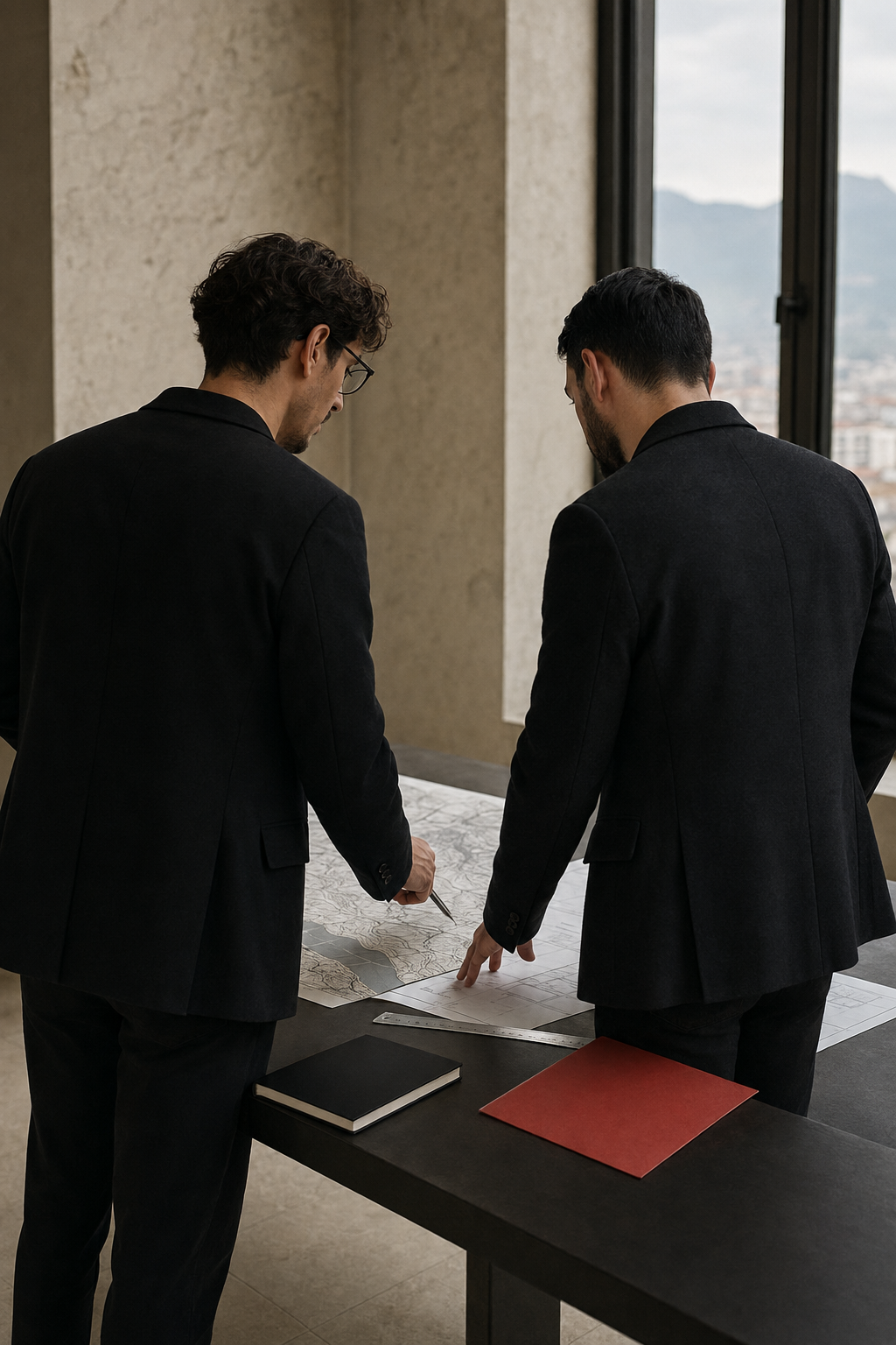 David Guri and Arbion Bardhaj reviewing plans together