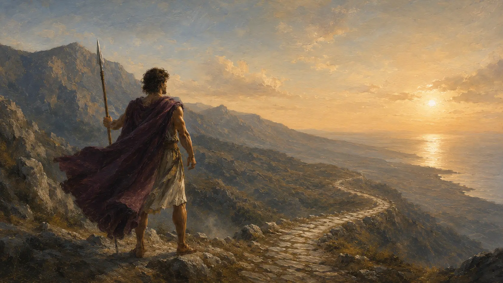 A solitary classical figure overlooking a distant landscape at sunset.