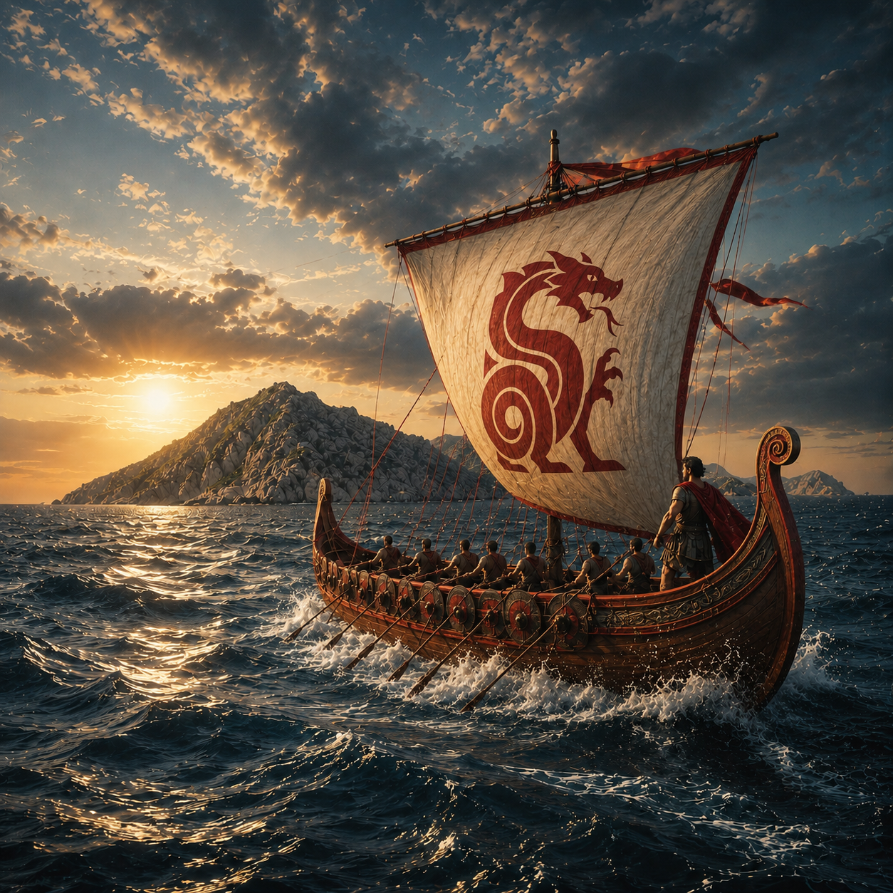 A stylized illustration of an ancient liburna ship at sea with shadowy figures on the shore, in deep red and brown tones.